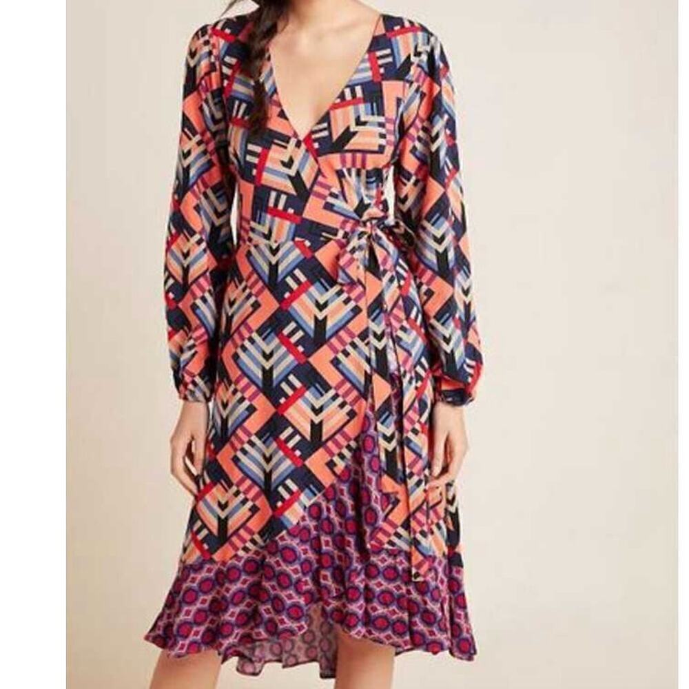 NWT Anthropologie Porridge Wrap Geometric Retro Print Dress • Size XS 🔴